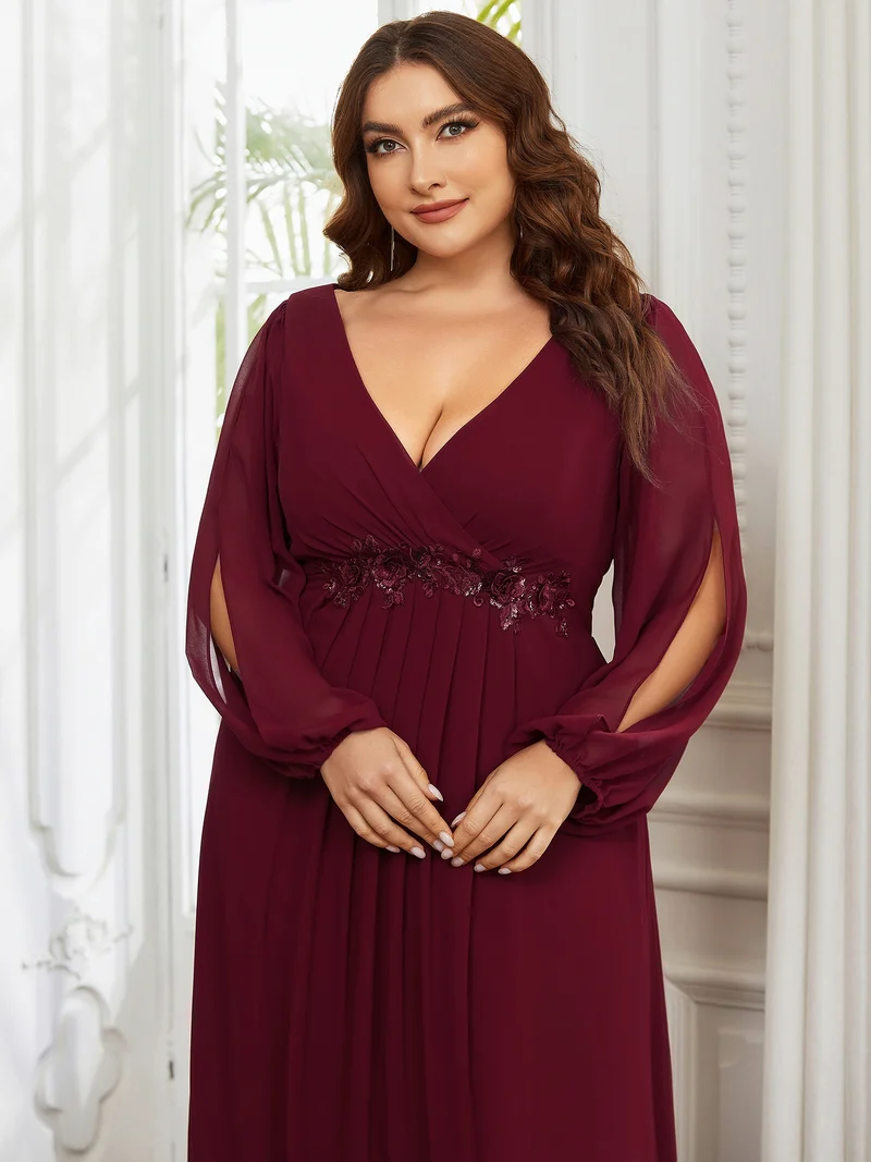 pretty AMOUR|Robes de soirée élégantes en mousseline de soie grande taille avec manches longues en lanterne