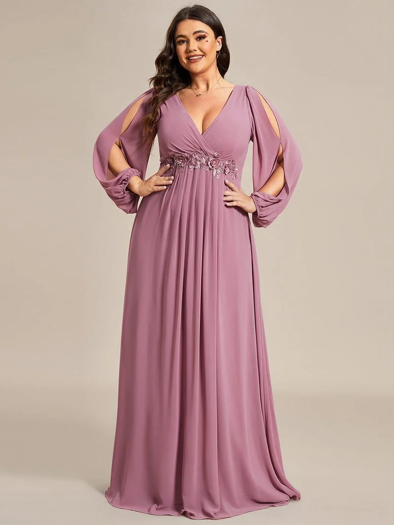 pretty AMOUR|Robes de soirée élégantes en mousseline de soie grande taille avec manches longues en lanterne