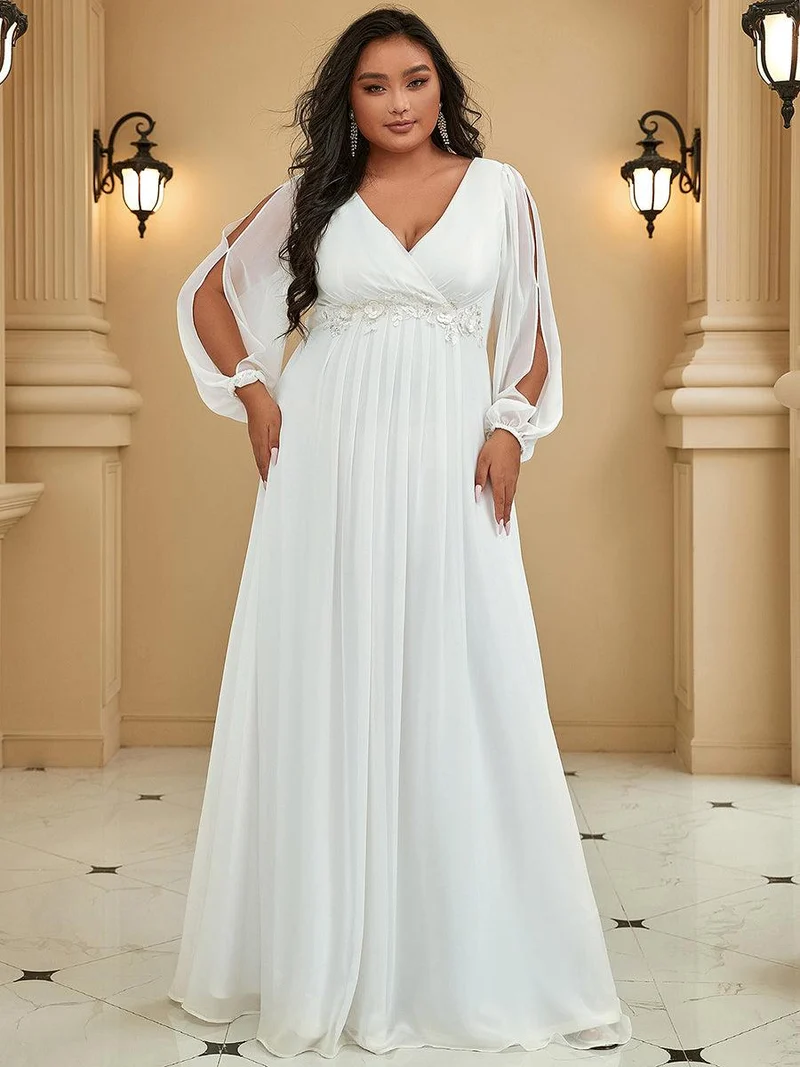 pretty AMOUR|Robes de soirée élégantes en mousseline de soie grande taille avec manches longues en lanterne
