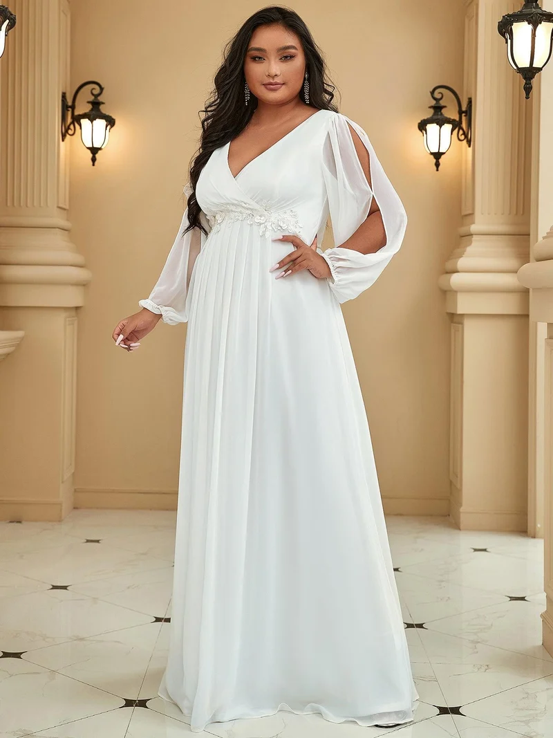 pretty AMOUR|Robes de soirée élégantes en mousseline de soie grande taille avec manches longues en lanterne