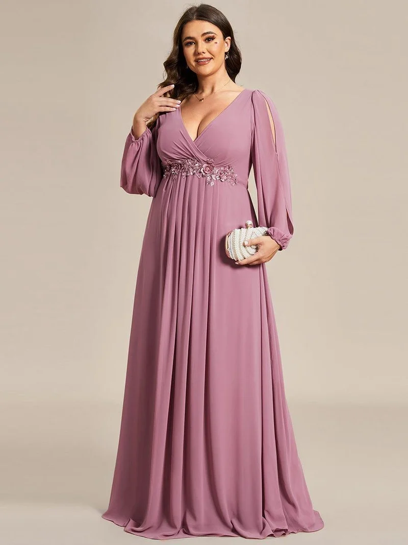 pretty AMOUR|Robes de soirée élégantes en mousseline de soie grande taille avec manches longues en lanterne