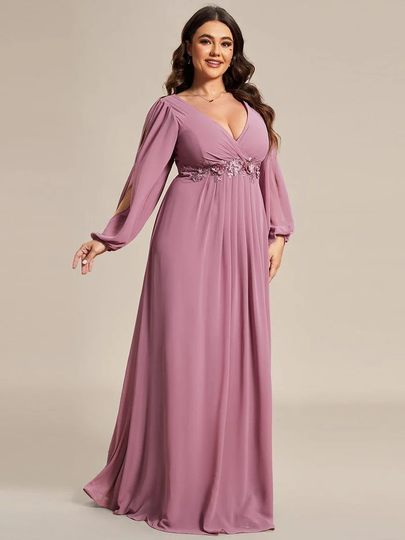 pretty AMOUR|Robes de soirée élégantes en mousseline de soie grande taille avec manches longues en lanterne