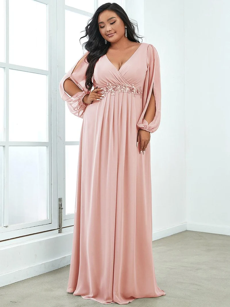 pretty AMOUR|Robes de soirée élégantes en mousseline de soie grande taille avec manches longues en lanterne