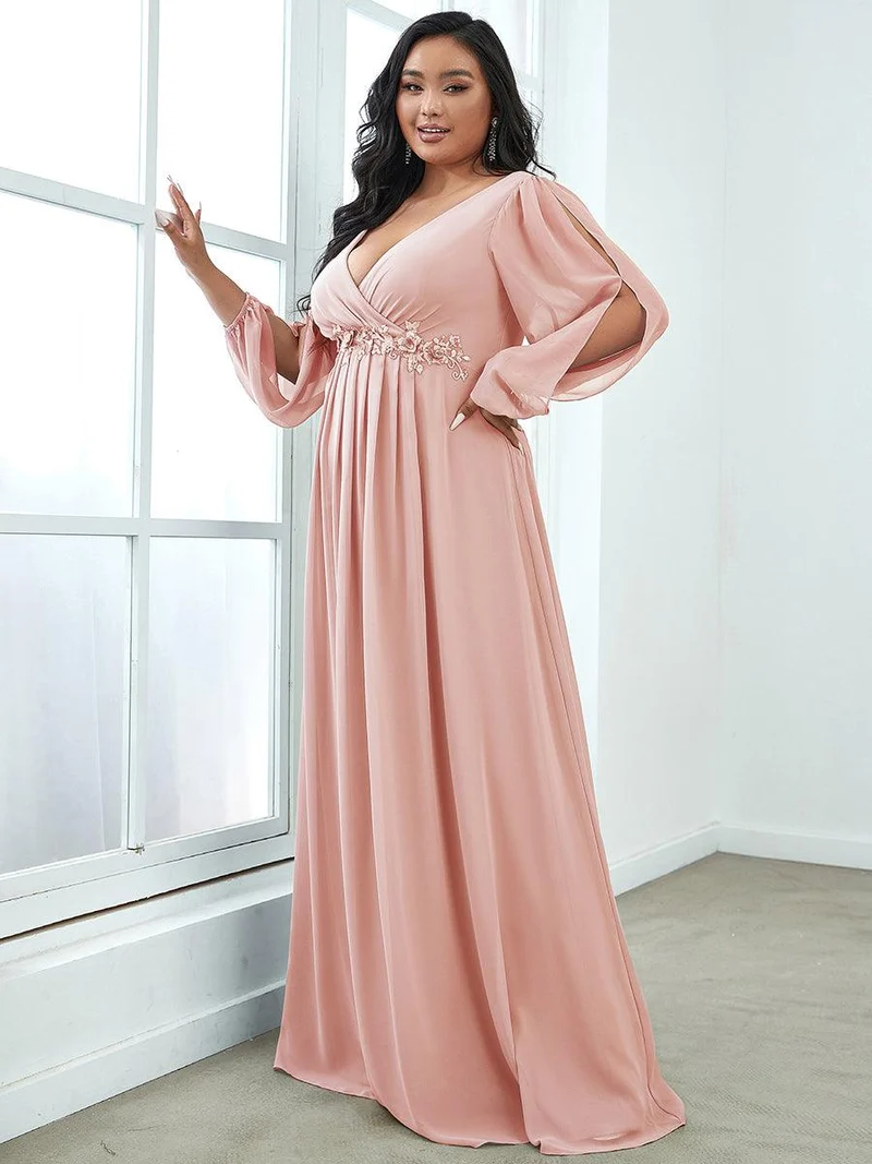 pretty AMOUR|Robes de soirée élégantes en mousseline de soie grande taille avec manches longues en lanterne