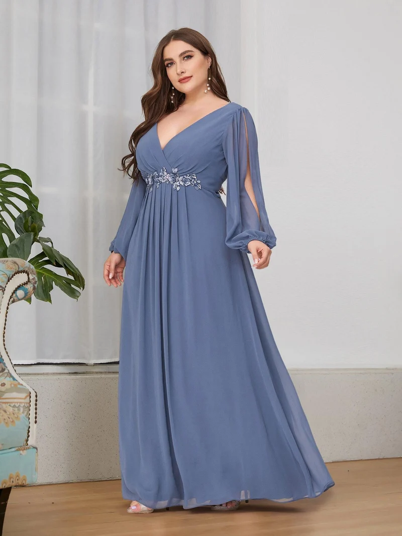 pretty AMOUR|Robes de soirée élégantes en mousseline de soie grande taille avec manches longues en lanterne