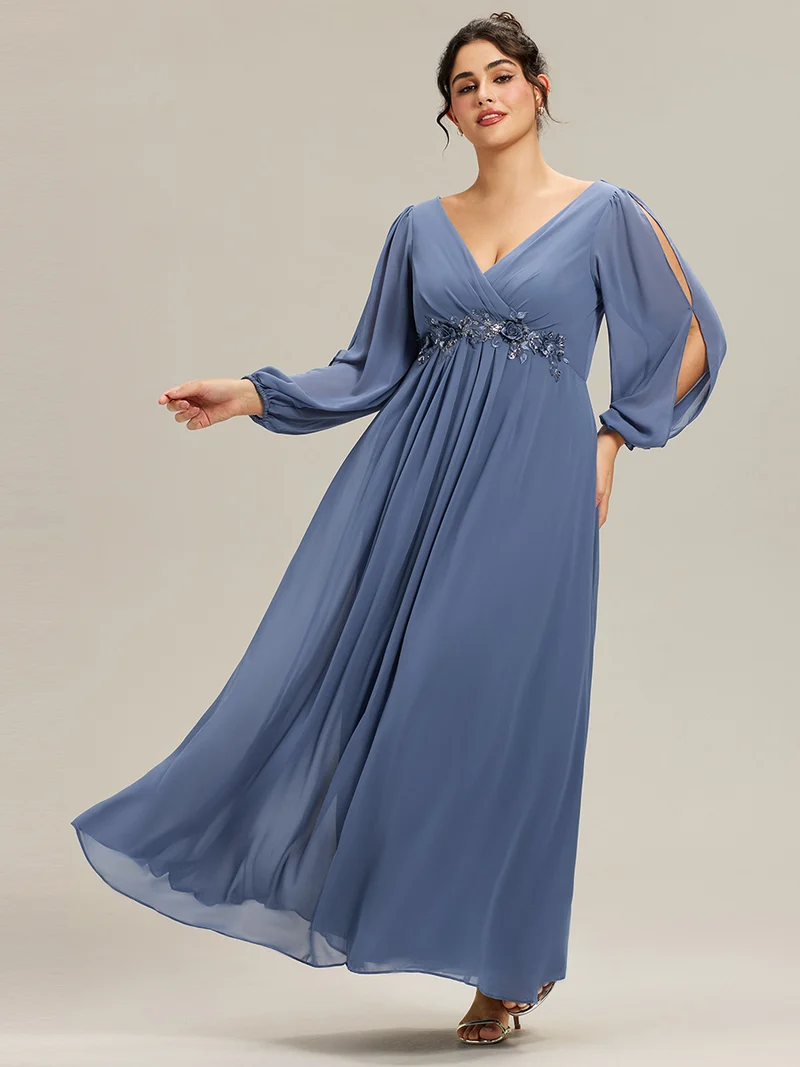 pretty AMOUR|Robes de soirée élégantes en mousseline de soie grande taille avec manches longues en lanterne