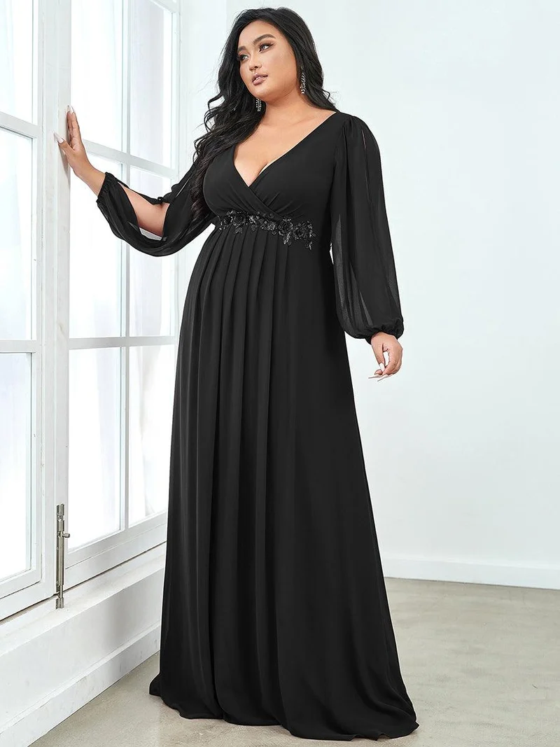 pretty AMOUR|Robes de soirée élégantes en mousseline de soie grande taille avec manches longues en lanterne
