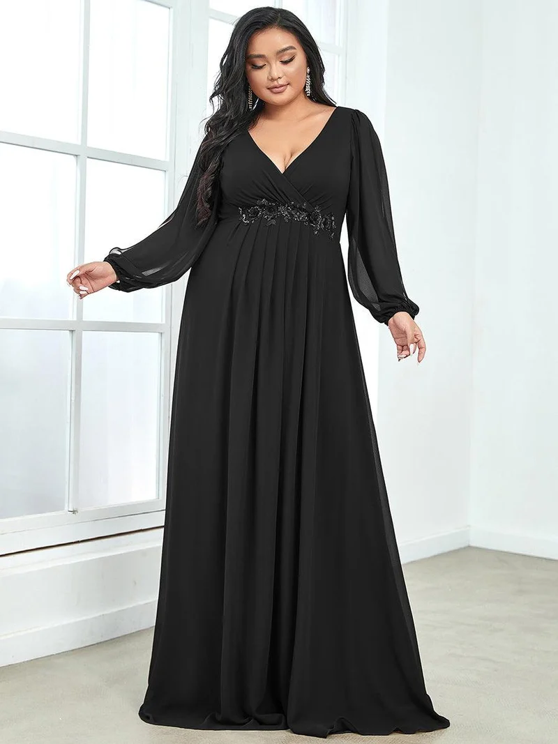 pretty AMOUR|Robes de soirée élégantes en mousseline de soie grande taille avec manches longues en lanterne