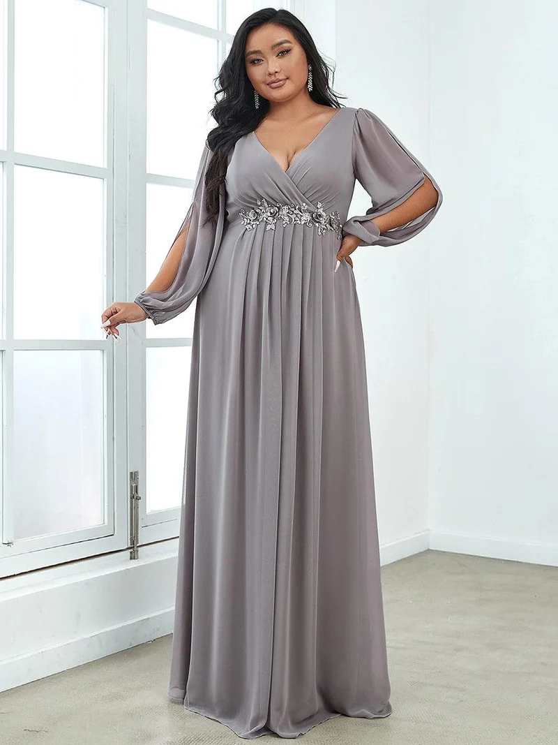 pretty AMOUR|Robes de soirée élégantes en mousseline de soie grande taille avec manches longues en lanterne