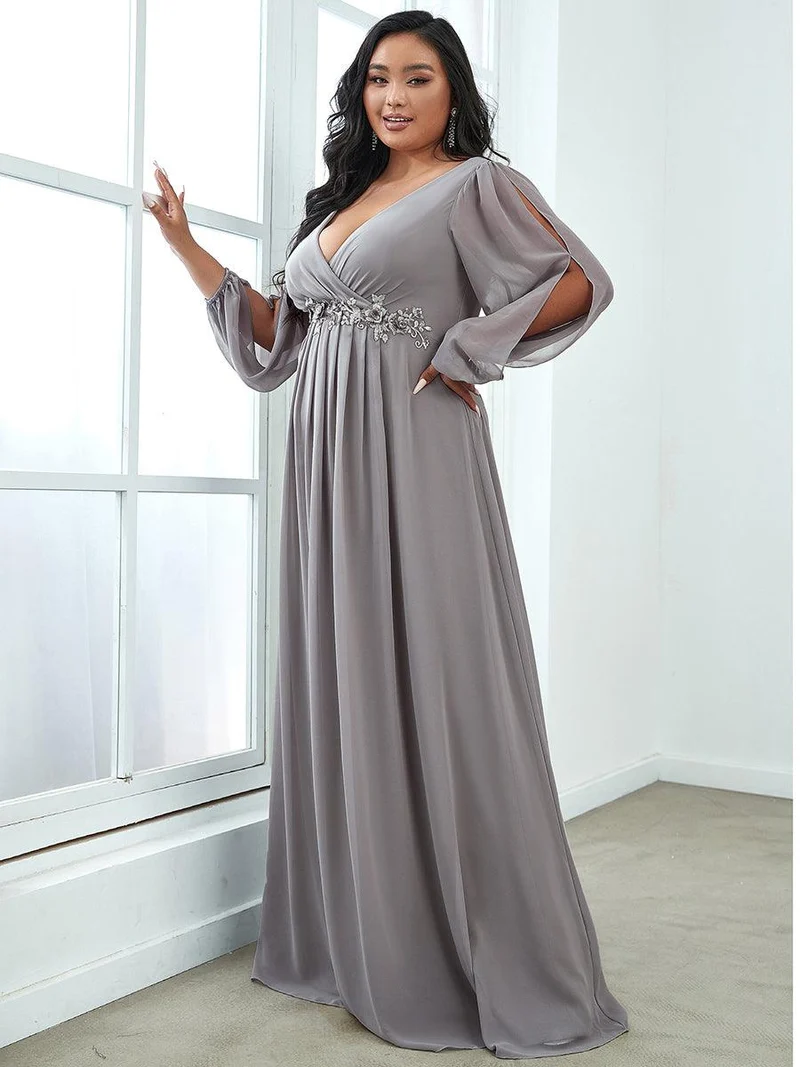 pretty AMOUR|Robes de soirée élégantes en mousseline de soie grande taille avec manches longues en lanterne