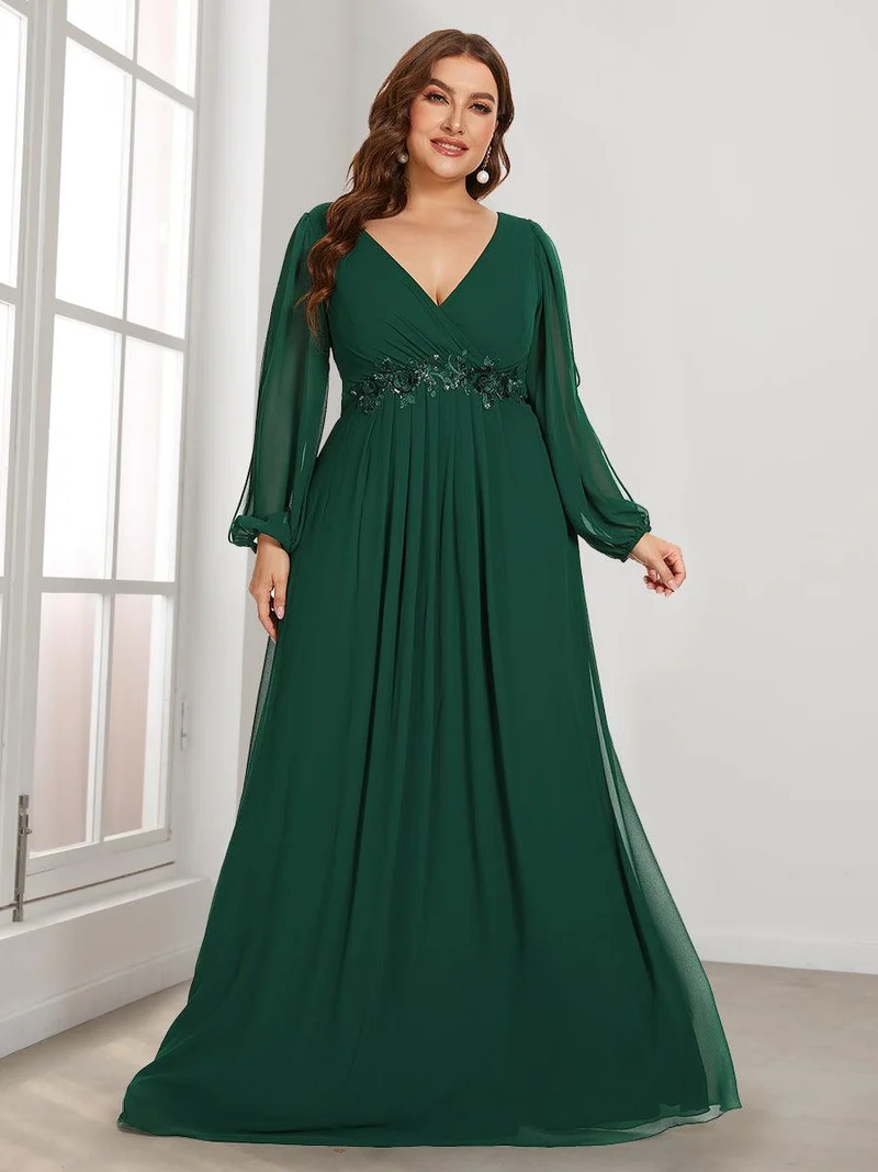 pretty AMOUR|Robes de soirée élégantes en mousseline de soie grande taille avec manches longues en lanterne