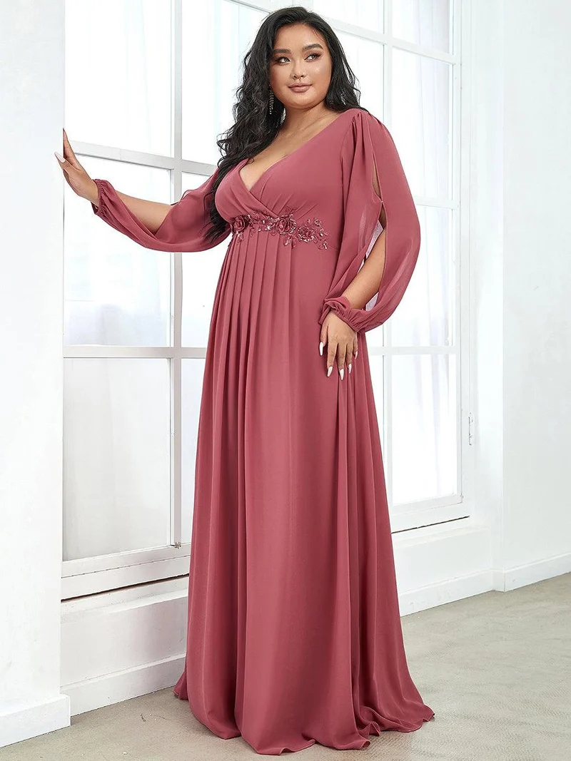 pretty AMOUR|Robes de soirée élégantes en mousseline de soie grande taille avec manches longues en lanterne