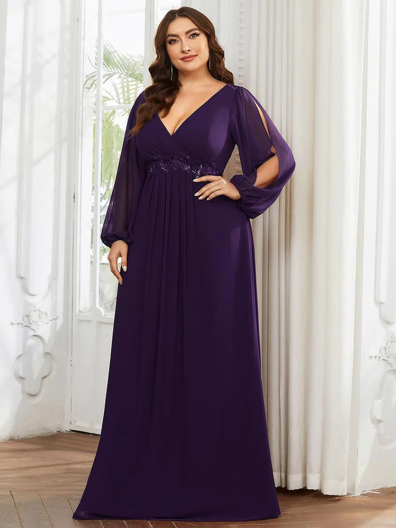 pretty AMOUR|Robes de soirée élégantes en mousseline de soie grande taille avec manches longues en lanterne