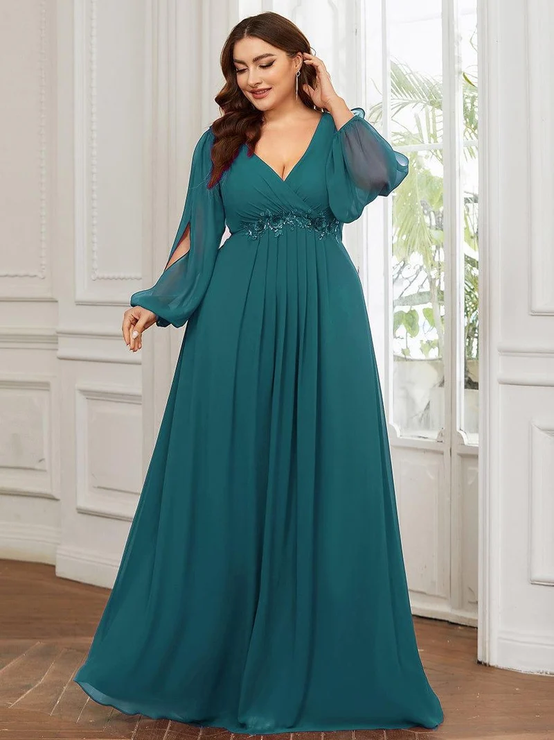 pretty AMOUR|Robes de soirée élégantes en mousseline de soie grande taille avec manches longues en lanterne