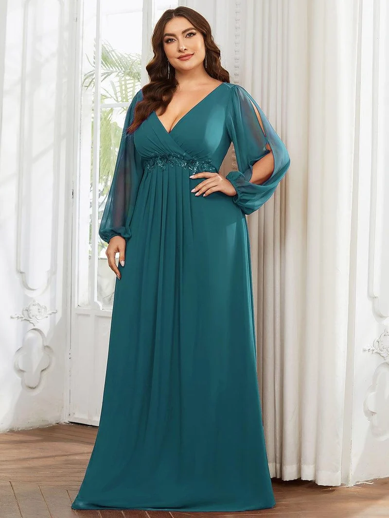 pretty AMOUR|Robes de soirée élégantes en mousseline de soie grande taille avec manches longues en lanterne