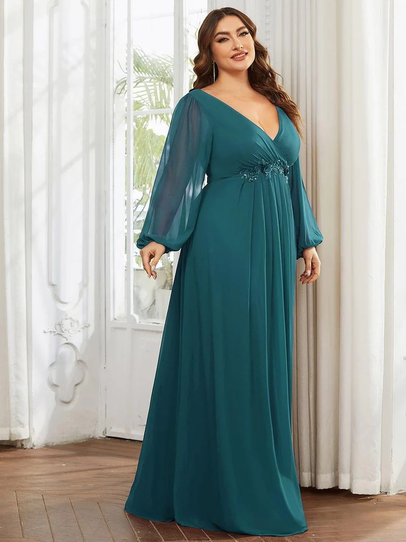 pretty AMOUR|Robes de soirée élégantes en mousseline de soie grande taille avec manches longues en lanterne