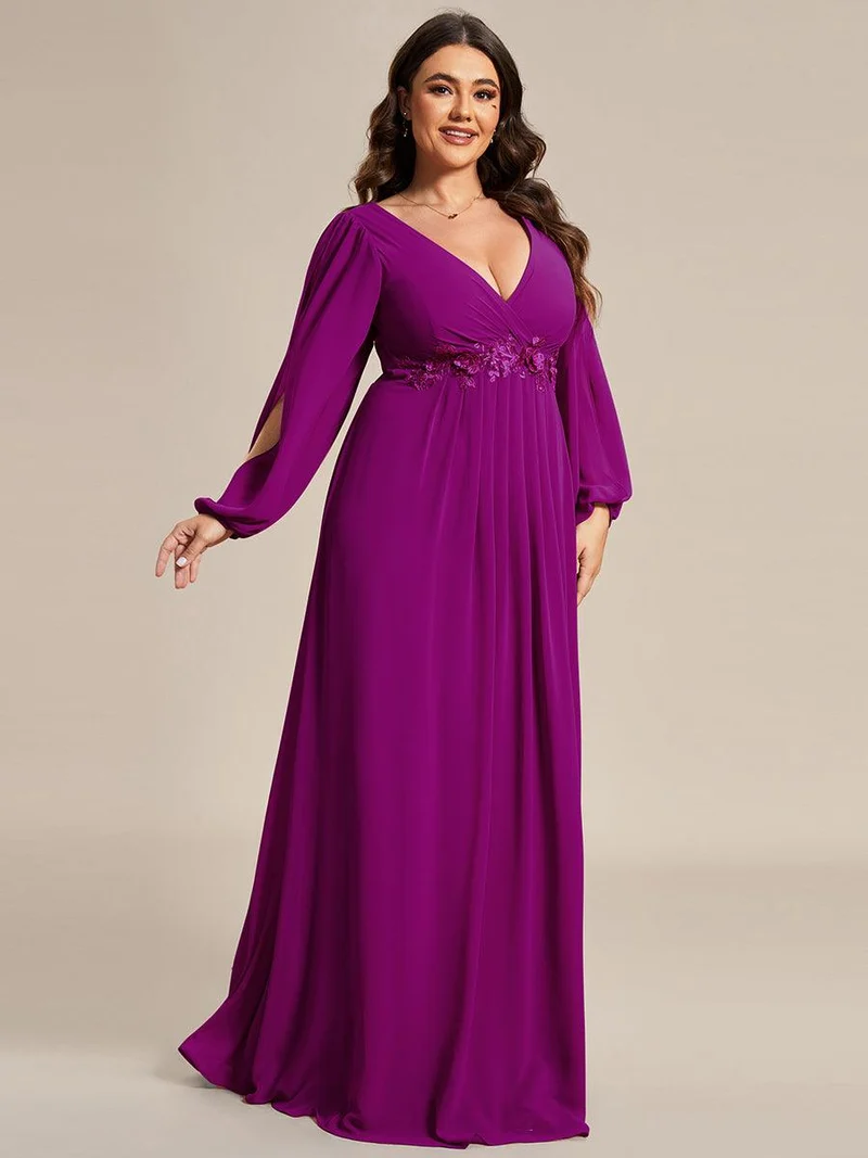 pretty AMOUR|Robes de soirée élégantes en mousseline de soie grande taille avec manches longues en lanterne
