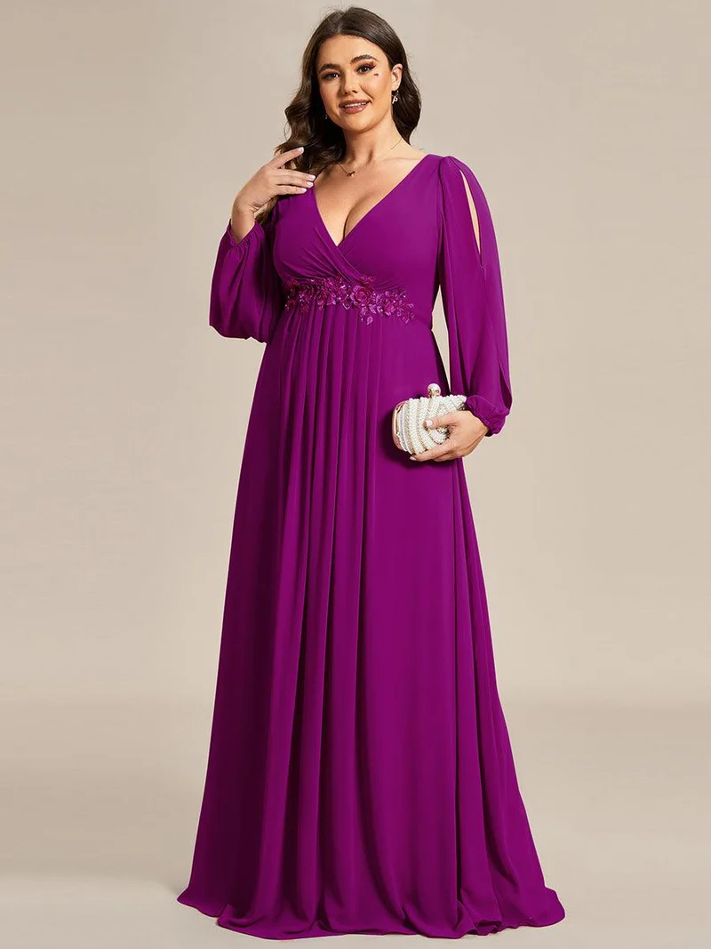 pretty AMOUR|Robes de soirée élégantes en mousseline de soie grande taille avec manches longues en lanterne