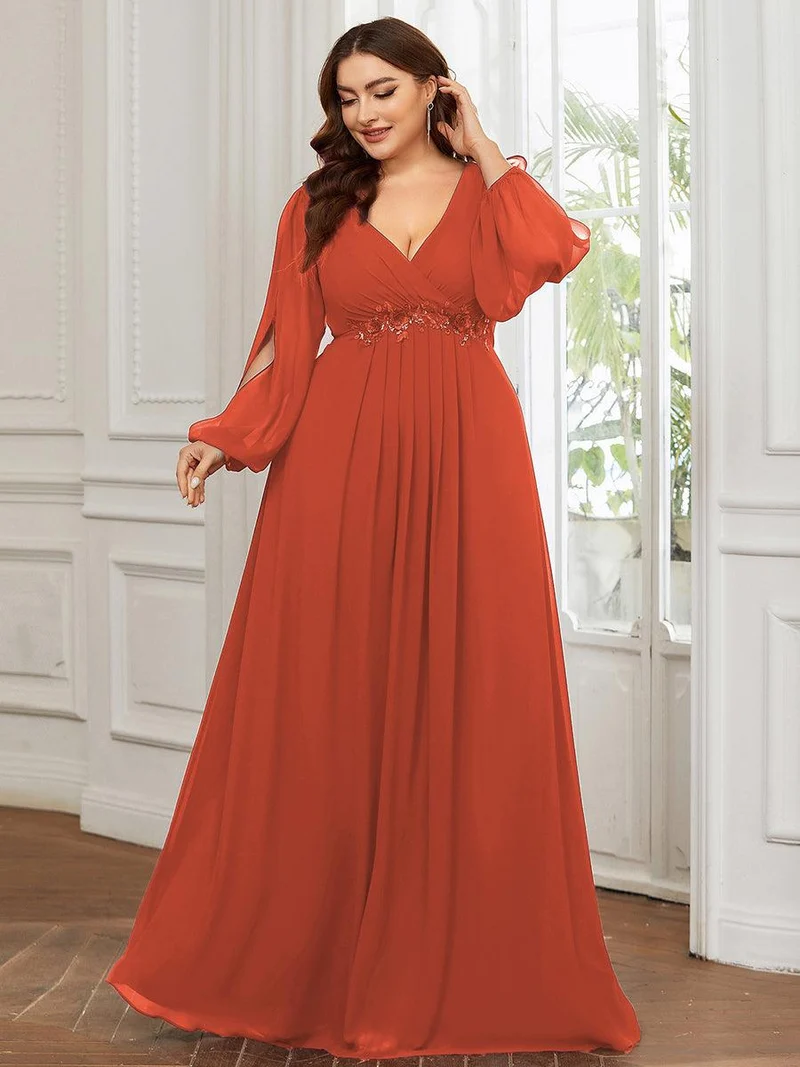 pretty AMOUR|Robes de soirée élégantes en mousseline de soie grande taille avec manches longues en lanterne