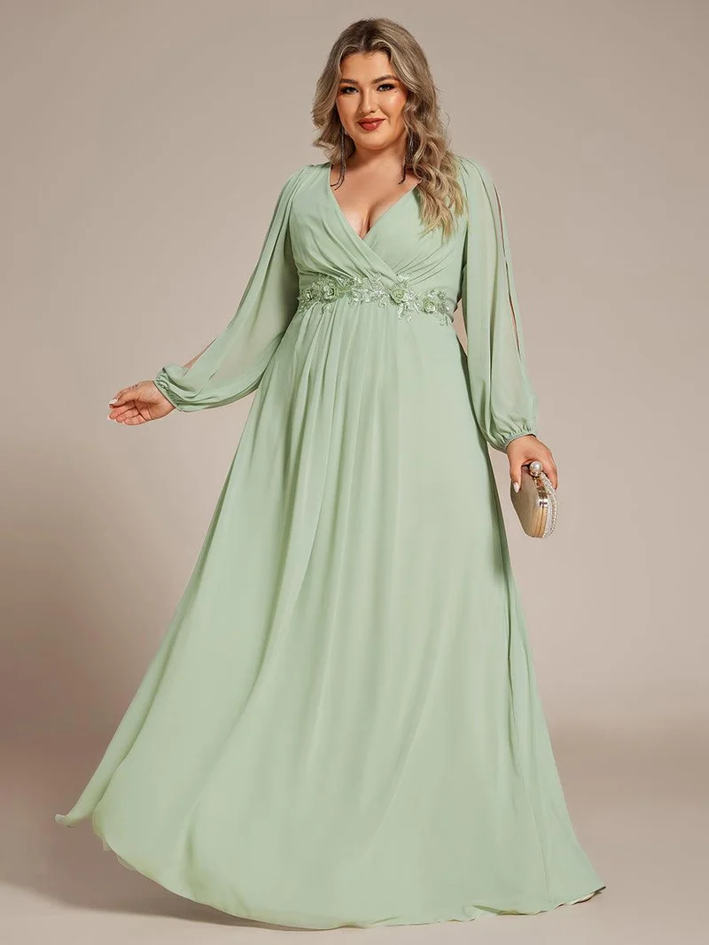 pretty AMOUR|Robes de soirée élégantes en mousseline de soie grande taille avec manches longues en lanterne