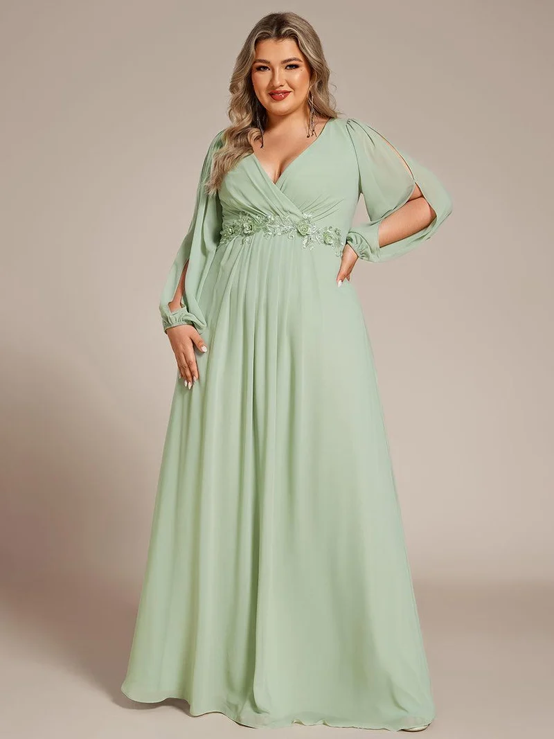 pretty AMOUR|Robes de soirée élégantes en mousseline de soie grande taille avec manches longues en lanterne