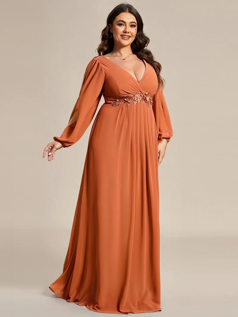 pretty AMOUR|Robes de soirée élégantes en mousseline de soie grande taille avec manches longues en lanterne