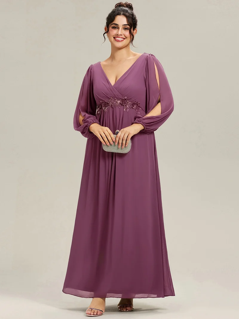 pretty AMOUR|Robes de soirée élégantes en mousseline de soie grande taille avec manches longues en lanterne