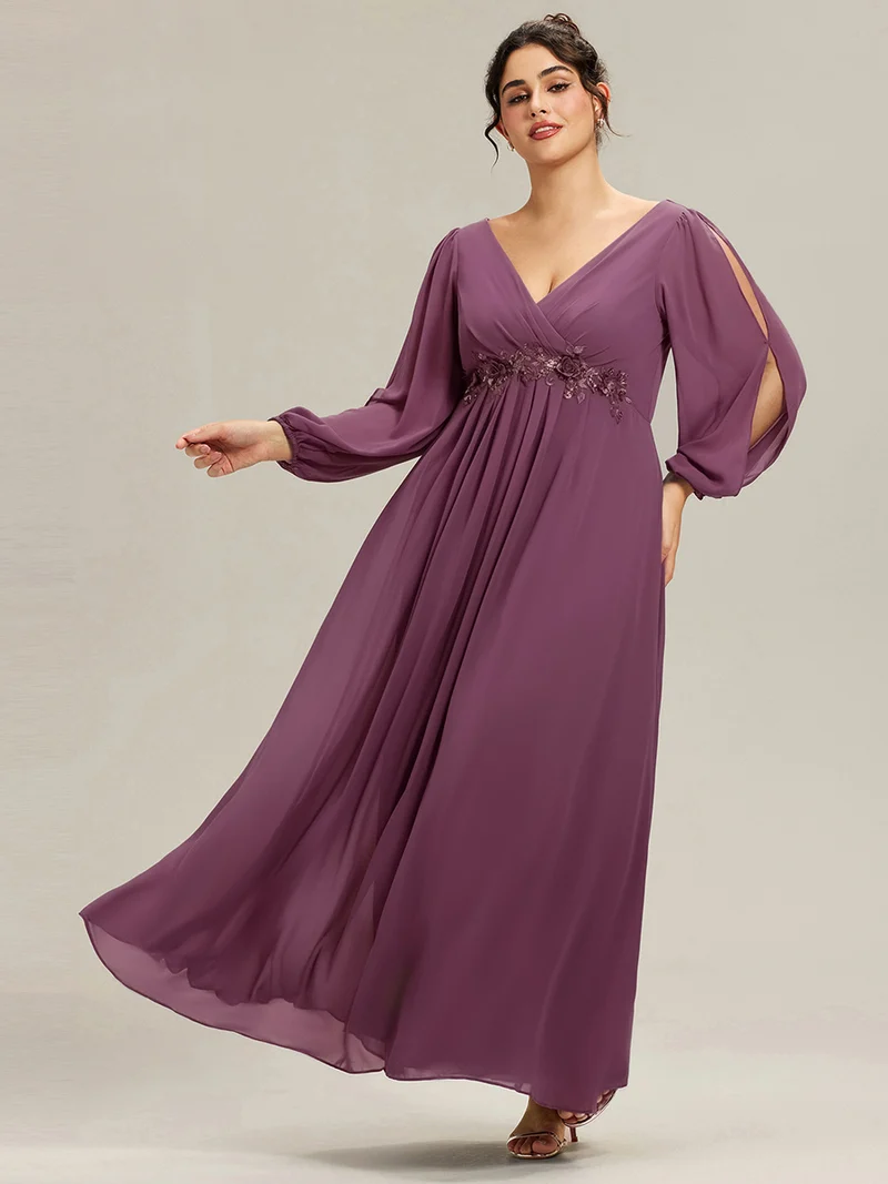 pretty AMOUR|Robes de soirée élégantes en mousseline de soie grande taille avec manches longues en lanterne