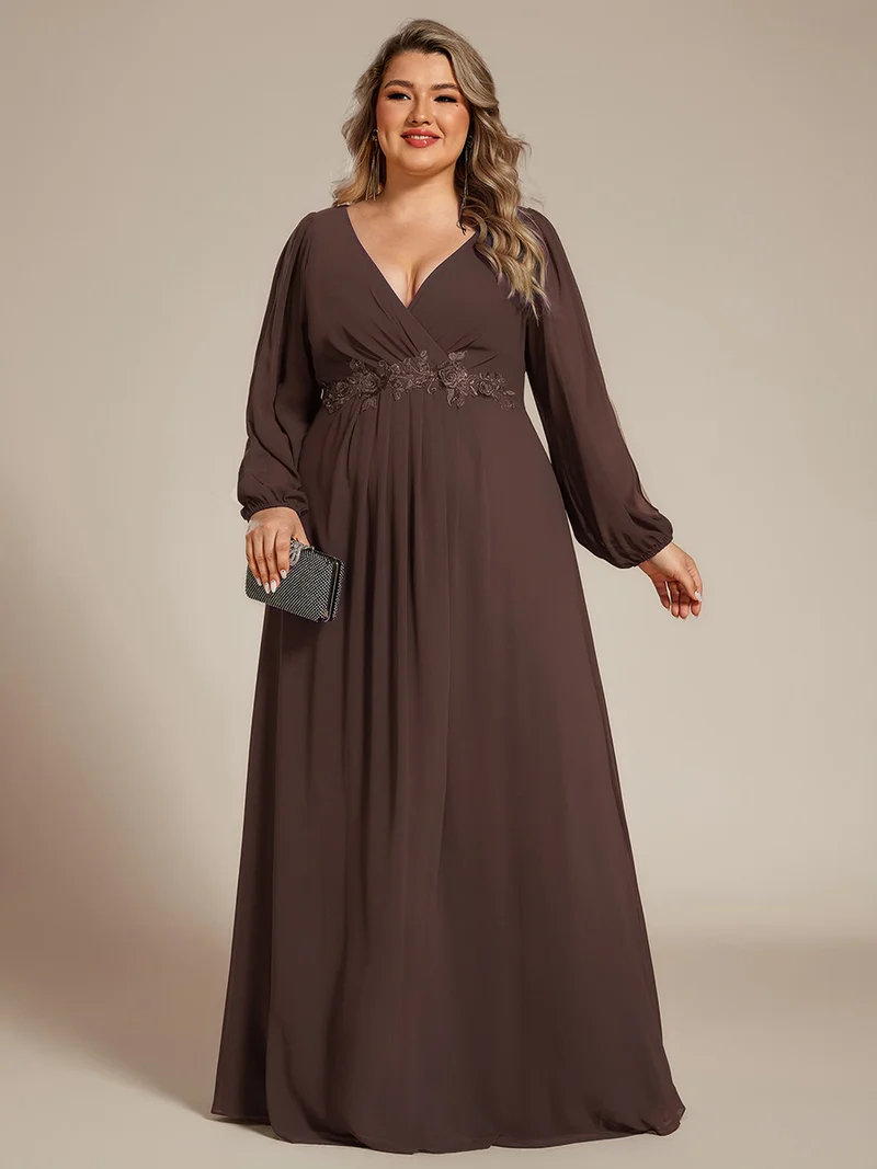 pretty AMOUR|Robes de soirée élégantes en mousseline de soie grande taille avec manches longues en lanterne