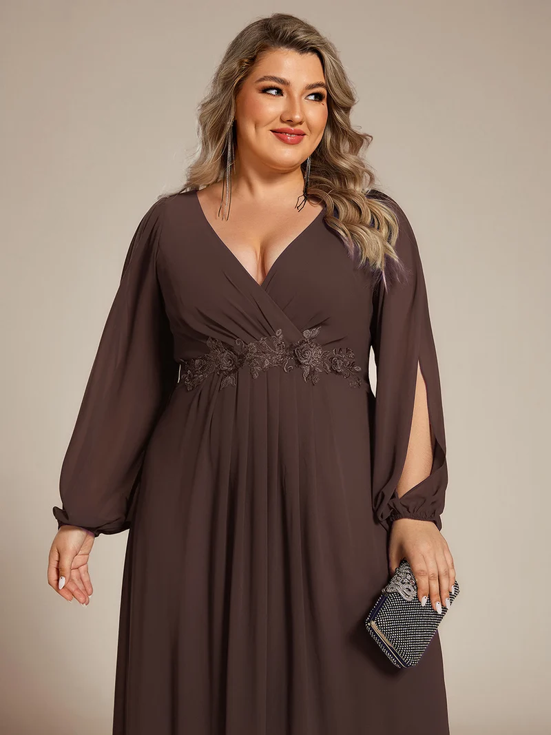 pretty AMOUR|Robes de soirée élégantes en mousseline de soie grande taille avec manches longues en lanterne