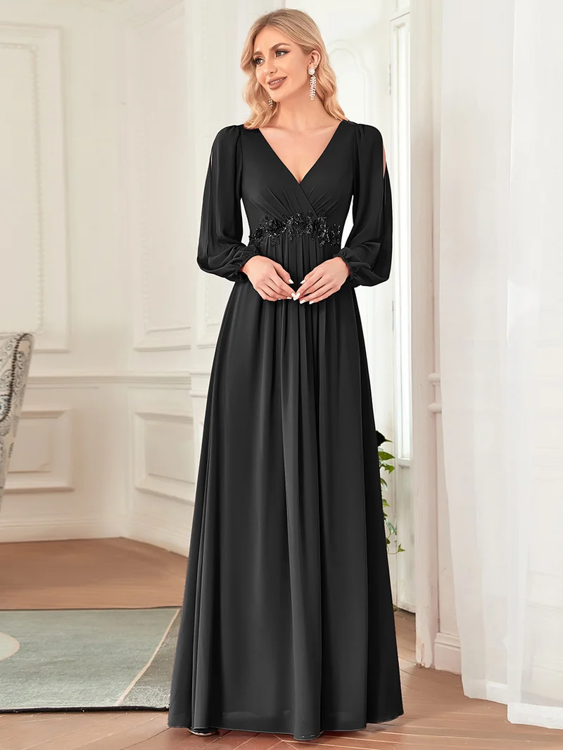 pretty AMOUR|Robes de soirée élégantes en mousseline de soie grande taille avec manches longues en lanterne