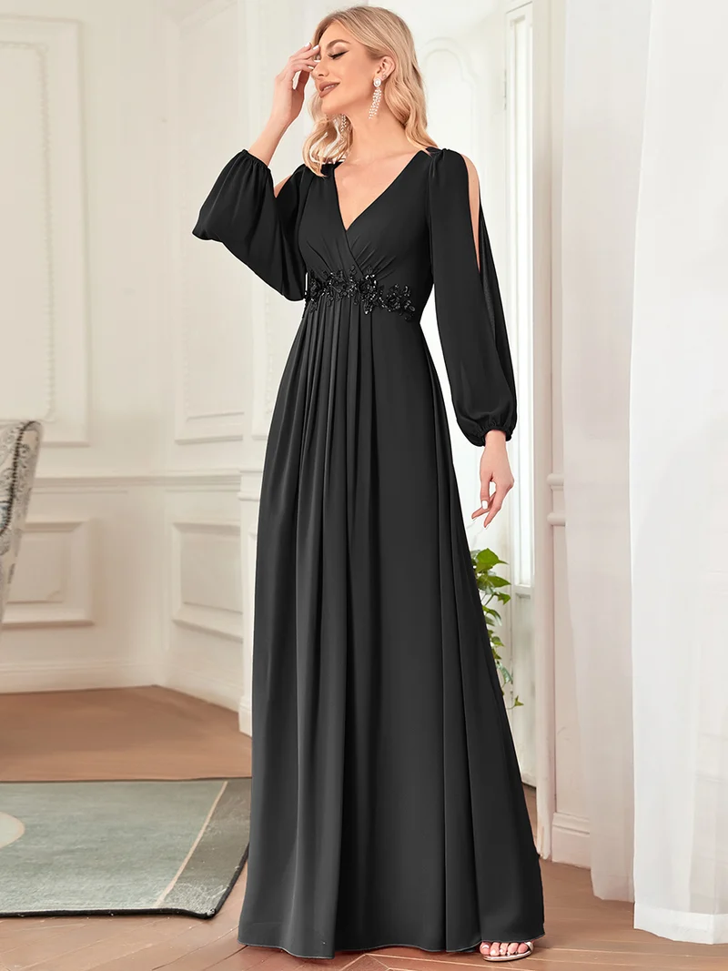 pretty AMOUR|Robes de soirée élégantes en mousseline de soie grande taille avec manches longues en lanterne