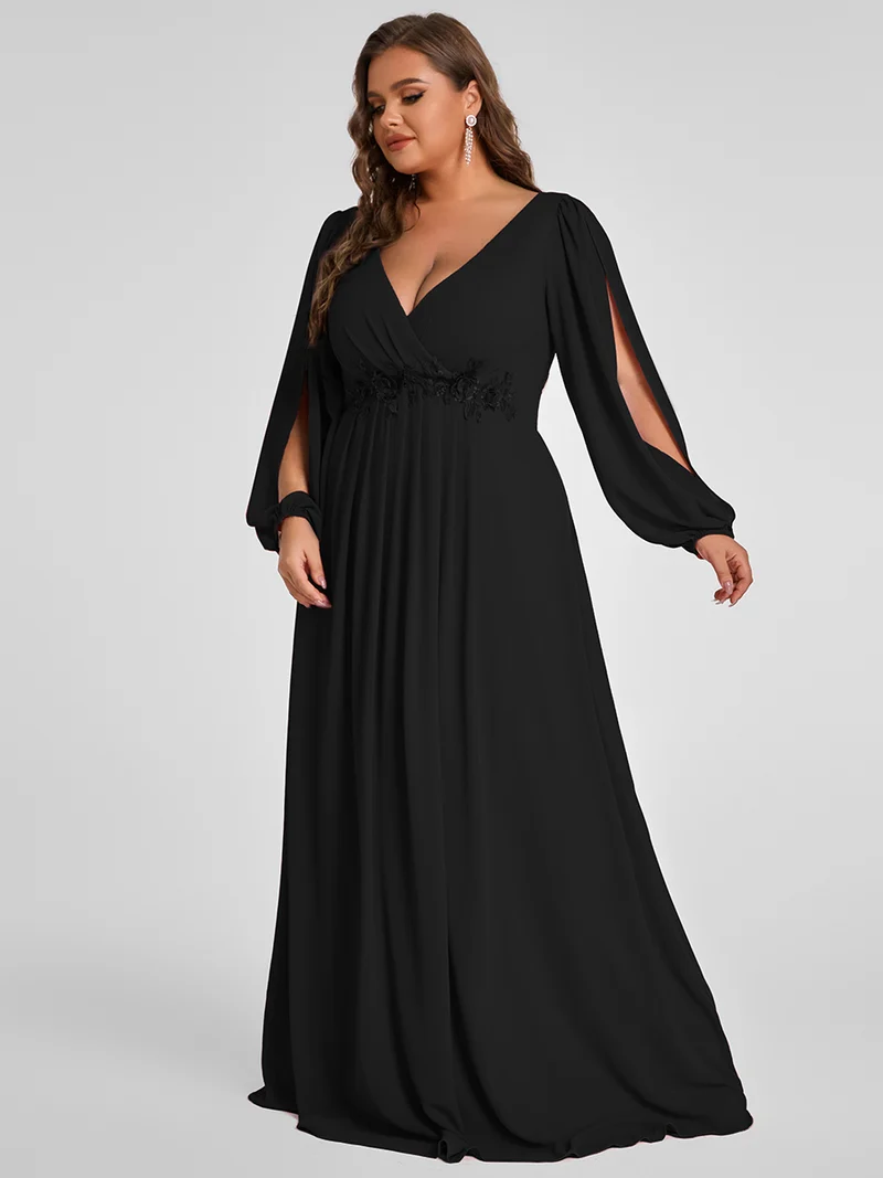 pretty AMOUR|Robes de soirée élégantes en mousseline de soie grande taille avec manches longues en lanterne