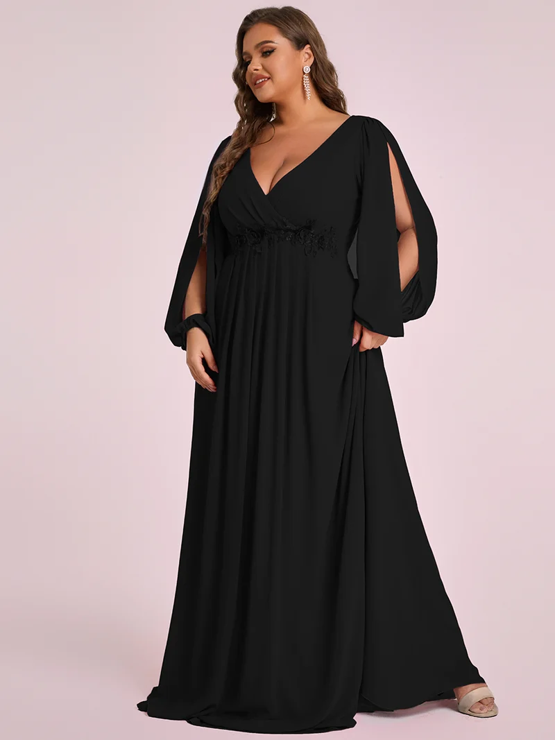 pretty AMOUR|Robes de soirée élégantes en mousseline de soie grande taille avec manches longues en lanterne