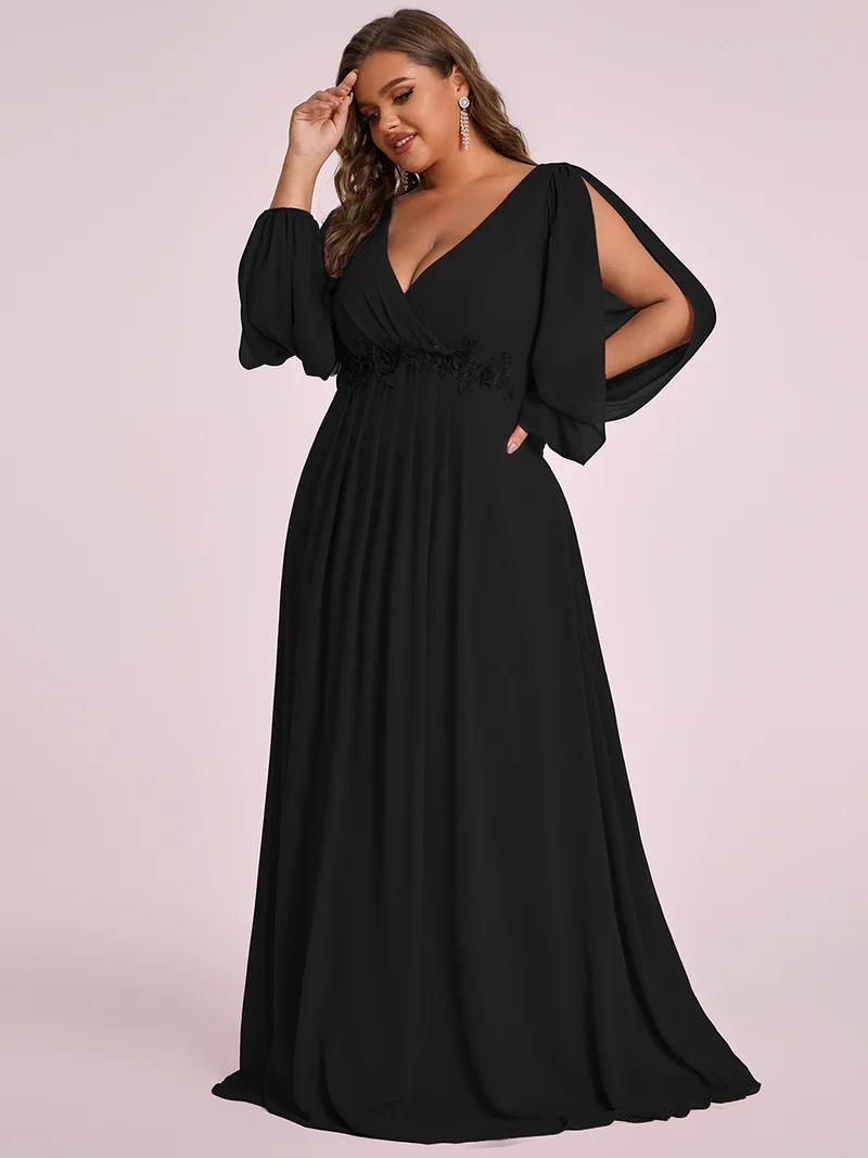 pretty AMOUR|Robes de soirée élégantes en mousseline de soie grande taille avec manches longues en lanterne