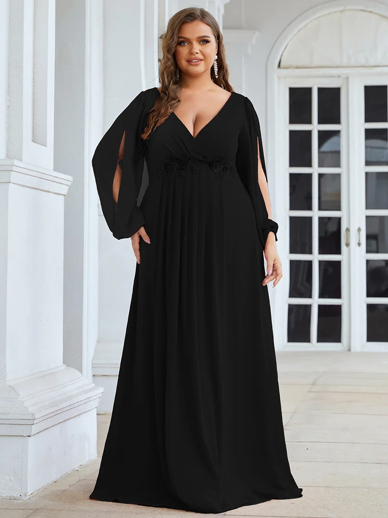pretty AMOUR|Robes de soirée élégantes en mousseline de soie grande taille avec manches longues en lanterne
