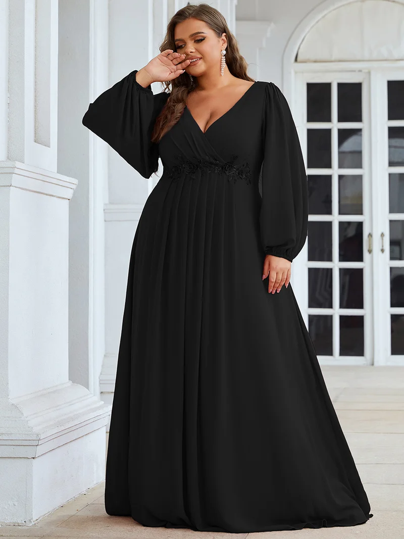 pretty AMOUR|Robes de soirée élégantes en mousseline de soie grande taille avec manches longues en lanterne
