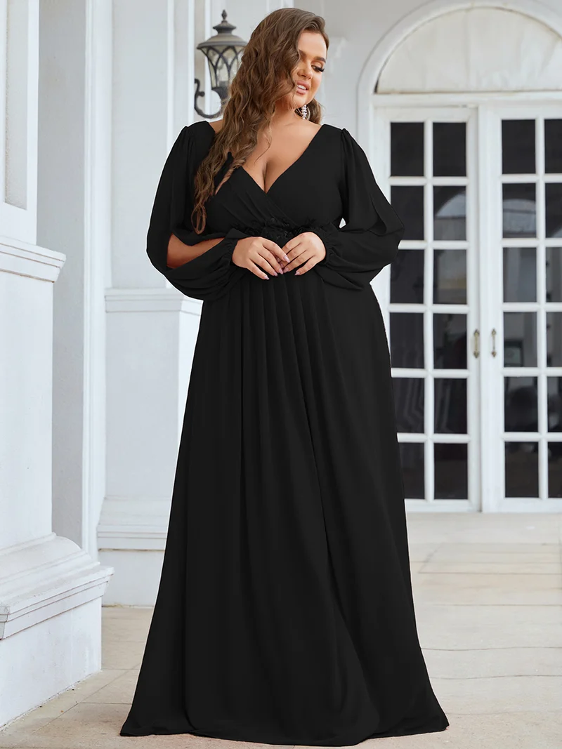 pretty AMOUR|Robes de soirée élégantes en mousseline de soie grande taille avec manches longues en lanterne