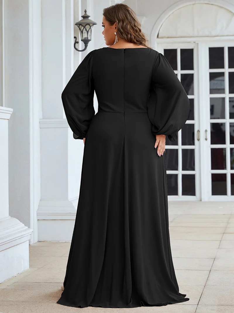 pretty AMOUR|Robes de soirée élégantes en mousseline de soie grande taille avec manches longues en lanterne