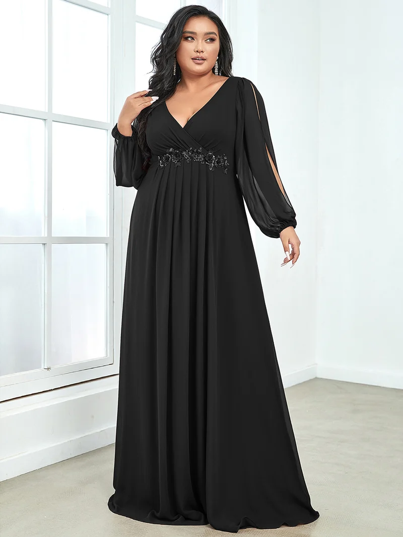 pretty AMOUR|Robes de soirée élégantes en mousseline de soie grande taille avec manches longues en lanterne