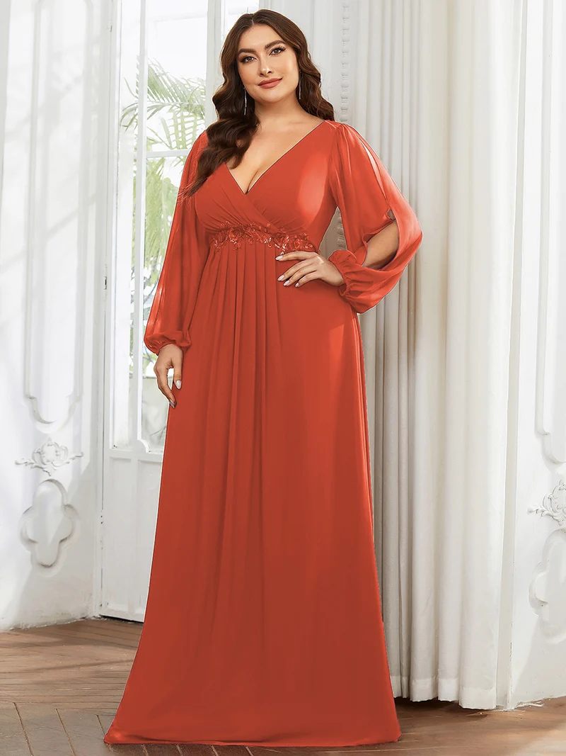 pretty AMOUR|Robes de soirée élégantes en mousseline de soie grande taille avec manches longues en lanterne