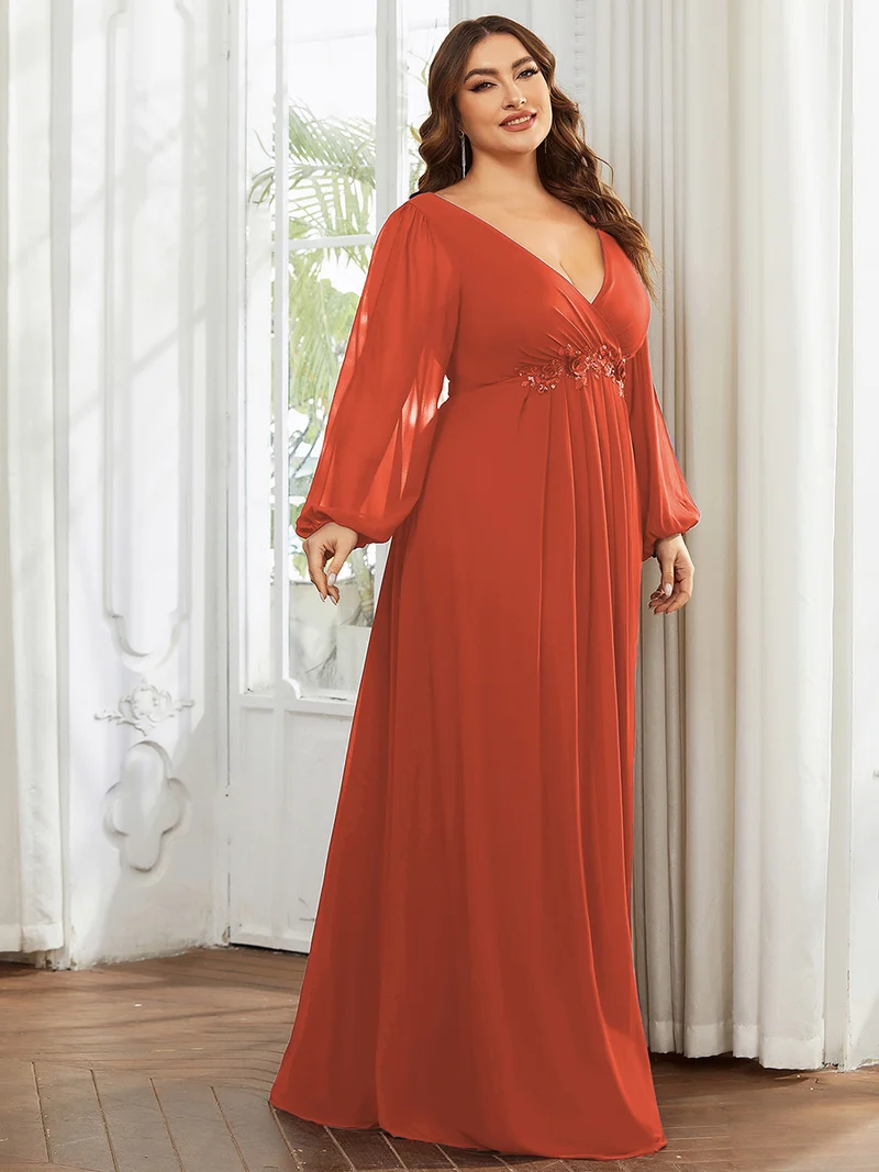 pretty AMOUR|Robes de soirée élégantes en mousseline de soie grande taille avec manches longues en lanterne