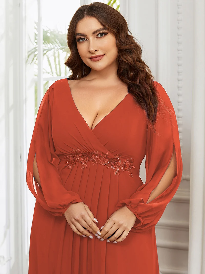 pretty AMOUR|Robes de soirée élégantes en mousseline de soie grande taille avec manches longues en lanterne