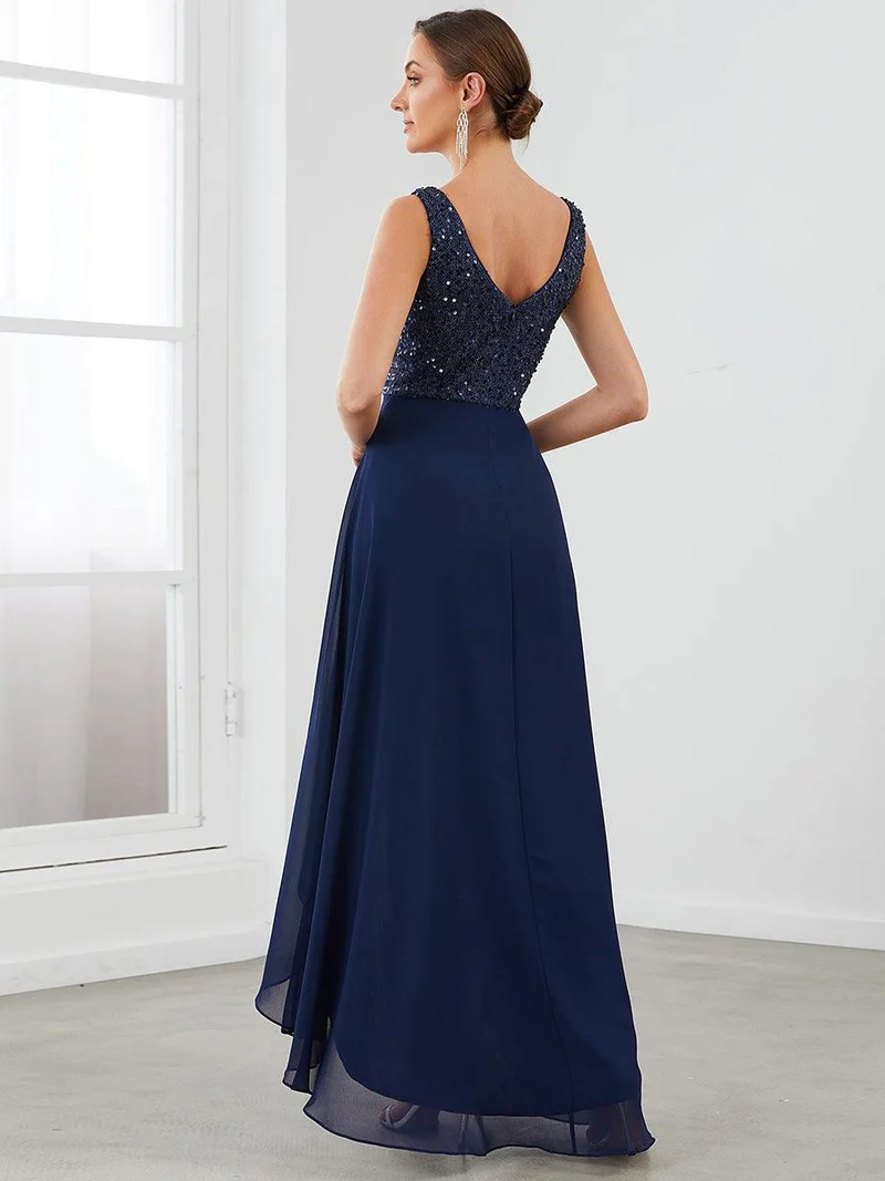 Robes de soirée sexy en mousseline de soie maxi haut-bas avec paillettes