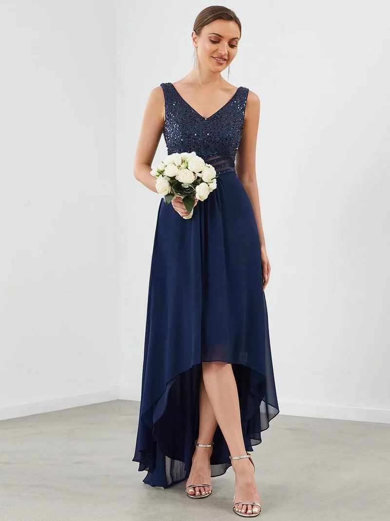 Robes de soirée sexy en mousseline de soie maxi haut-bas avec paillettes