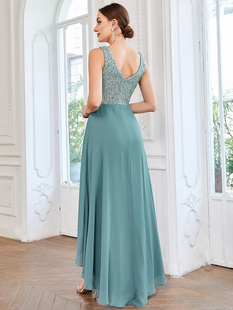 Robes de soirée sexy en mousseline de soie maxi haut-bas avec paillettes
