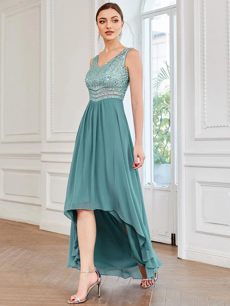Robes de soirée sexy en mousseline de soie maxi haut-bas avec paillettes