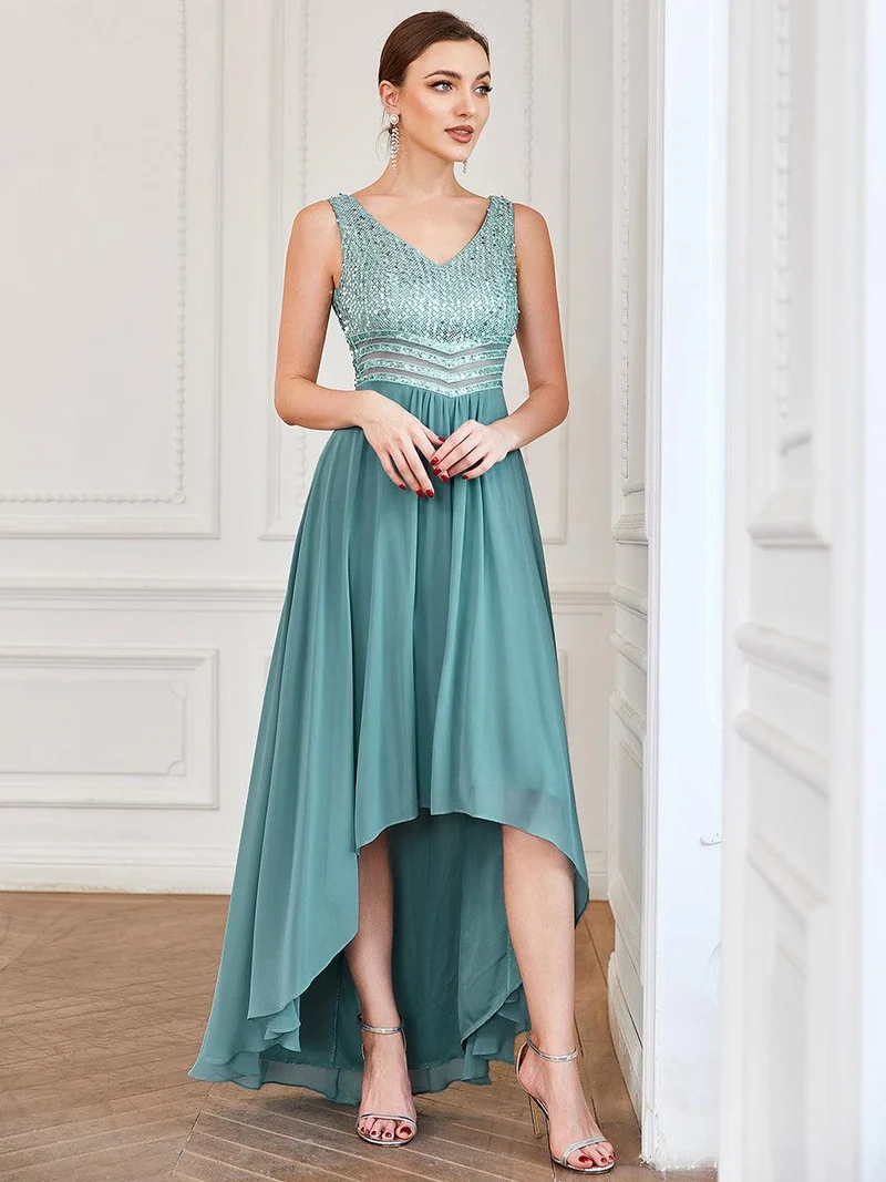 Robes de soirée sexy en mousseline de soie maxi haut-bas avec paillettes