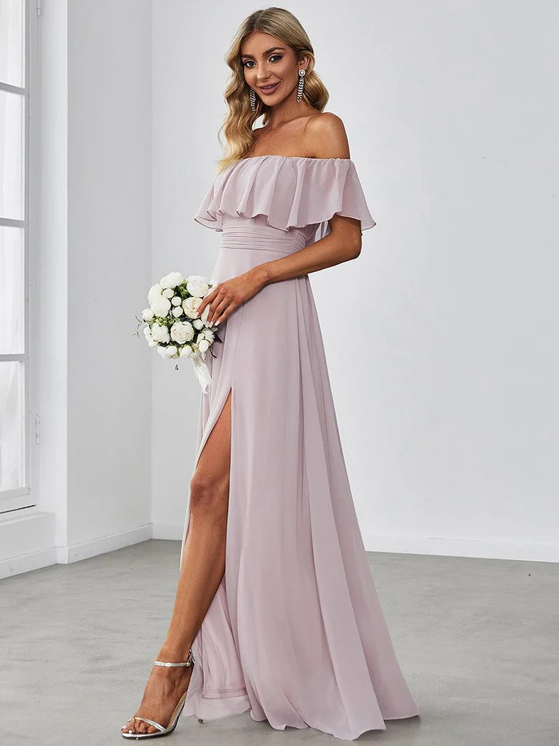Robes de soirée Longue Fendue à épaules Dénudées à Volants