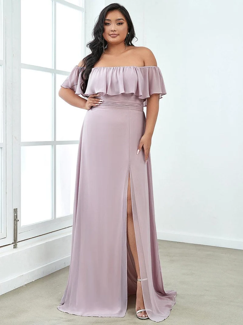 Robes de soirée Longue Fendue à épaules Dénudées à Volants